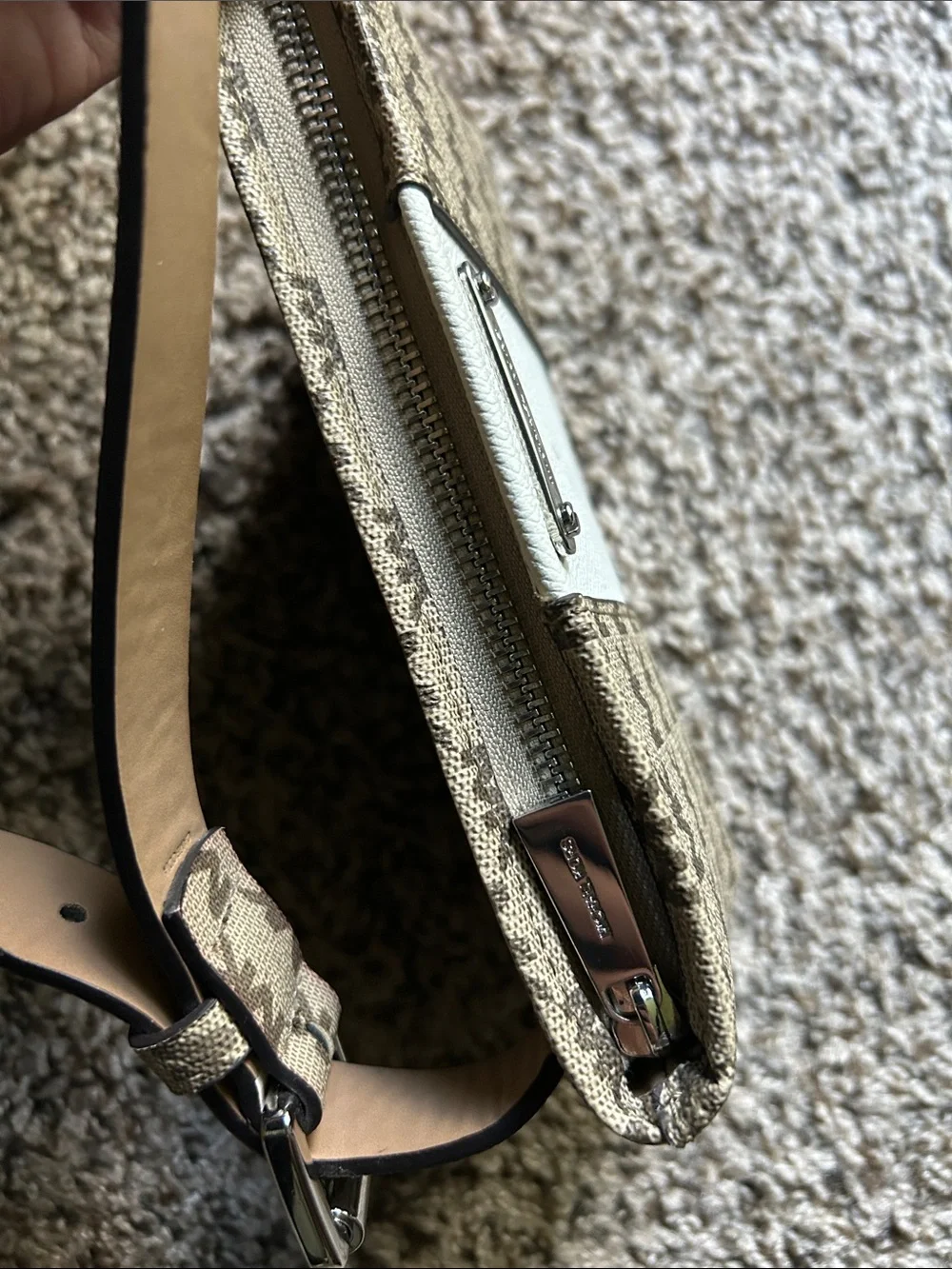 Michael Kors Tan Monogram Crossbody with White Center Stripe